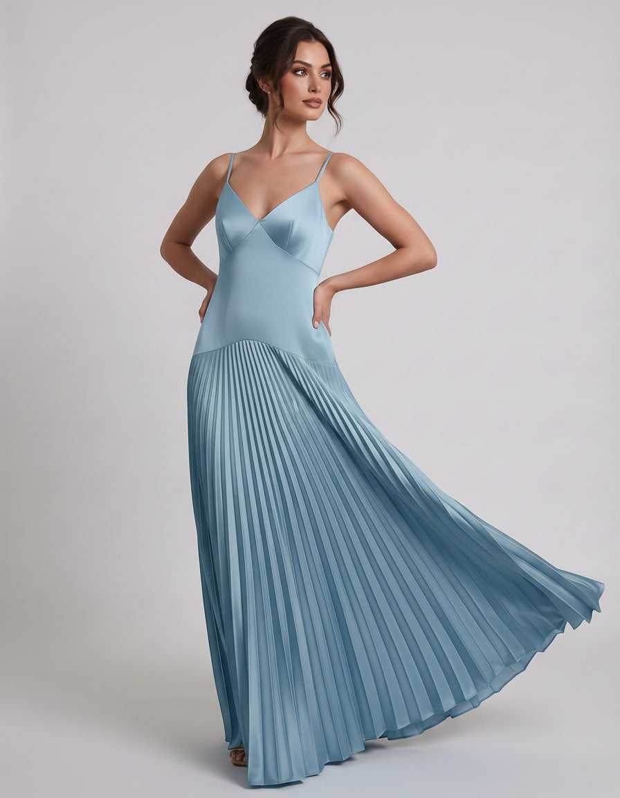 Veloura Maxi Dress by Lauven — satin spaghetti strap V-neck A-line maxi dress