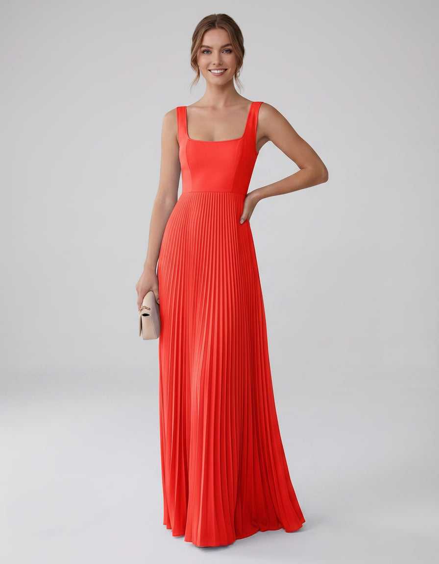 Veloura Maxi Dress by Lauven — satin chiffon sleeveless square neck pleated A-line maxi dress