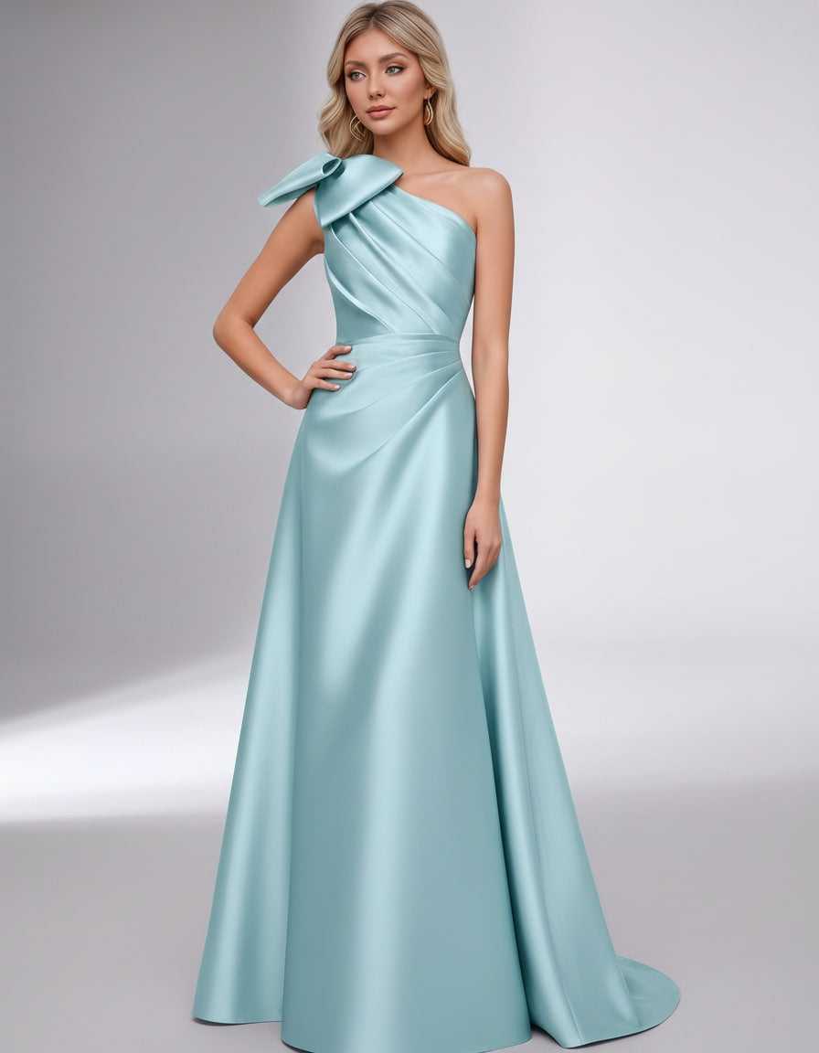 Celestia Maxi Dress by Lauven — satin one shoulder A-line maxi dress with bow