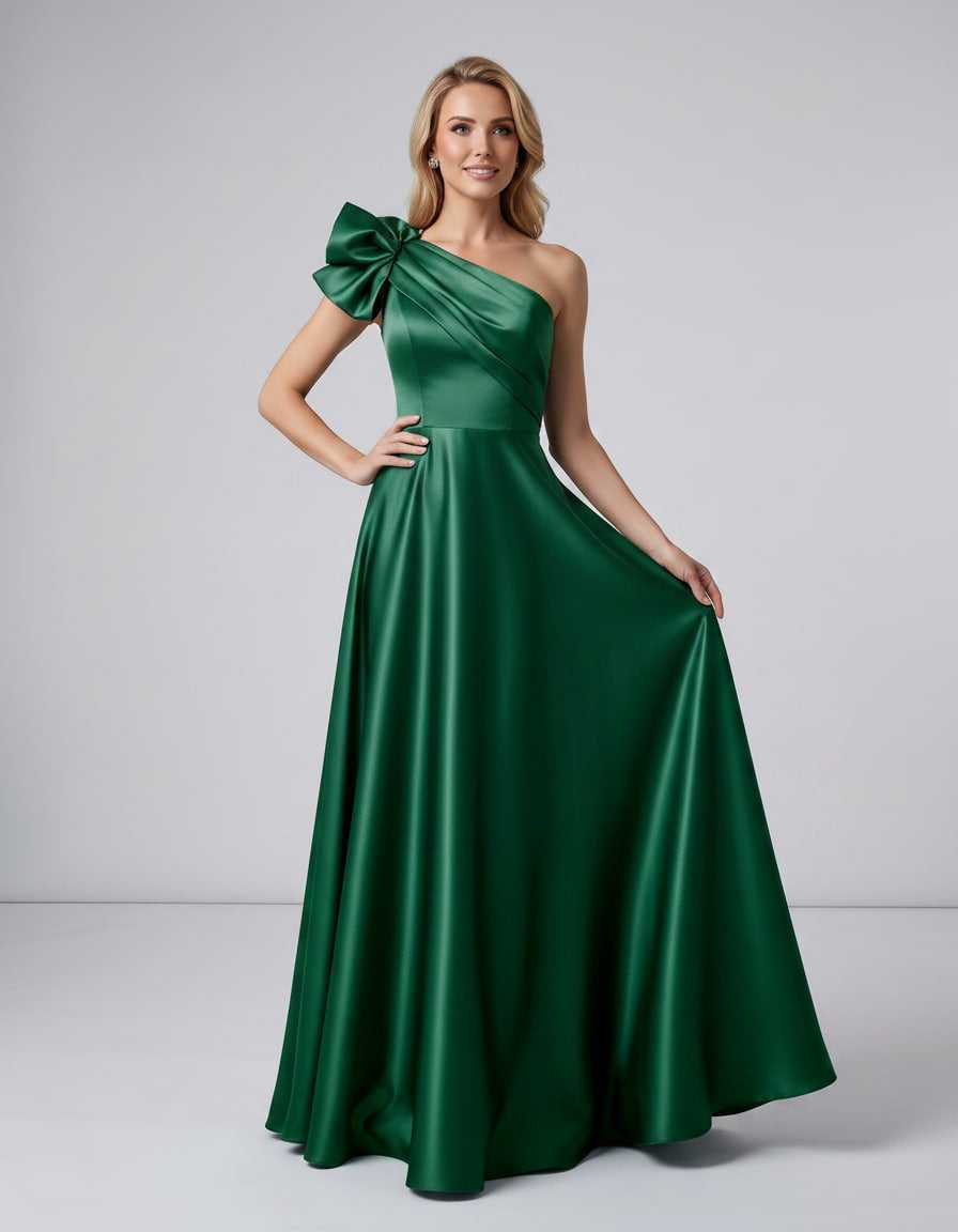 Aurevina Maxi Dress by Lauven — satin one shoulder A-line maxi dress with ruffle detail