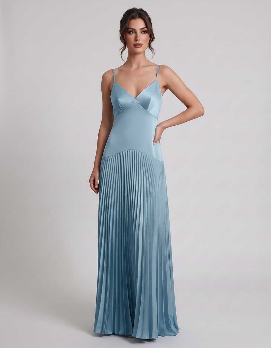 Veloura Maxi Dress by Lauven — satin spaghetti strap V-neck A-line maxi dress