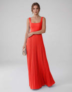 Veloura Maxi Dress by Lauven — satin chiffon sleeveless square neck pleated A-line maxi dress