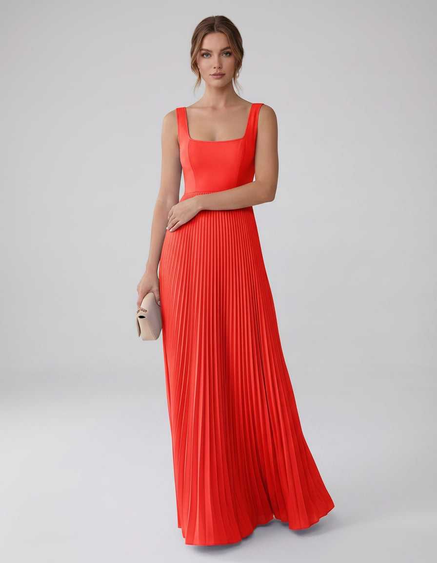 Veloura Maxi Dress by Lauven — satin chiffon sleeveless square neck pleated A-line maxi dress