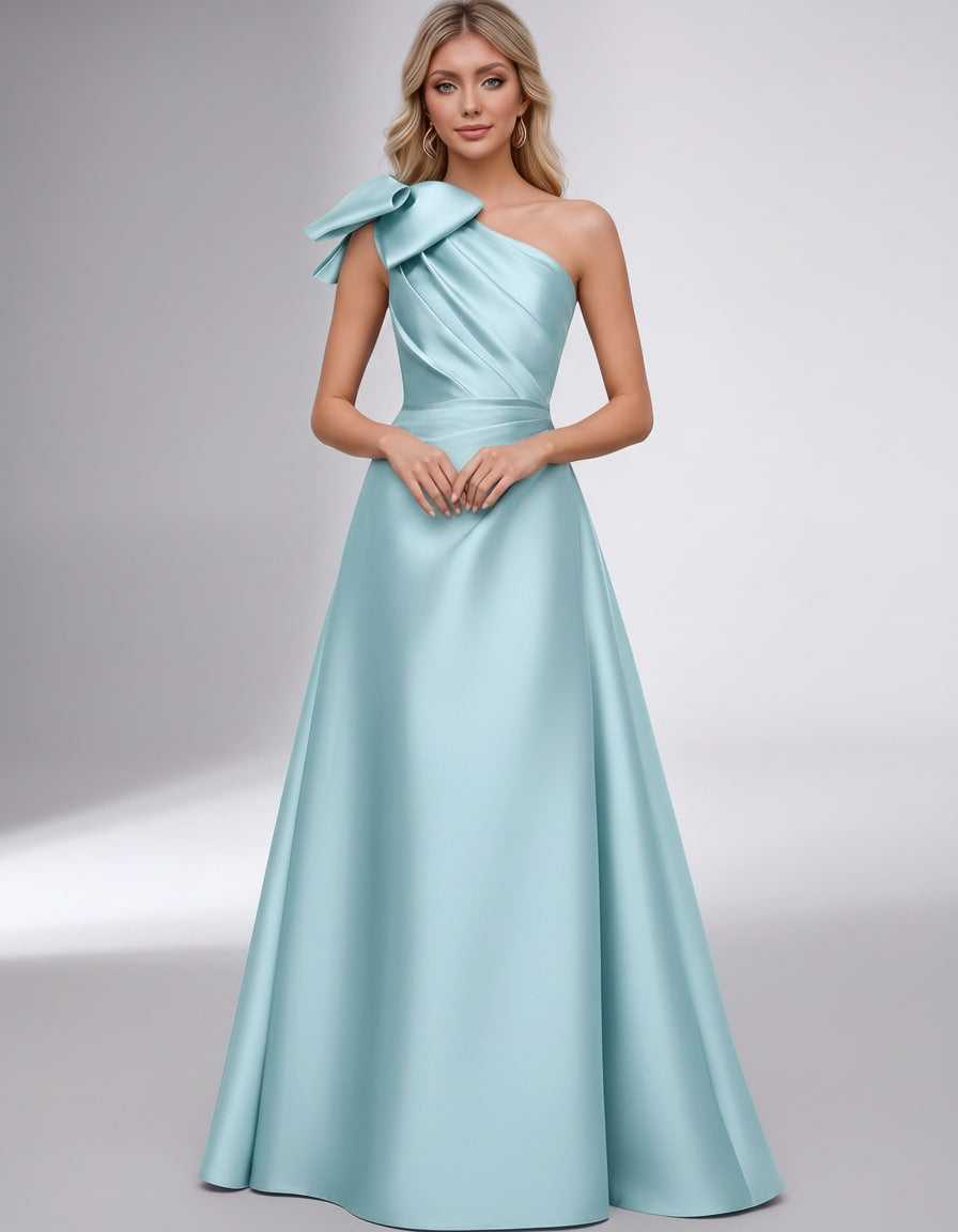 Celestia Maxi Dress by Lauven — satin one shoulder A-line maxi dress with bow