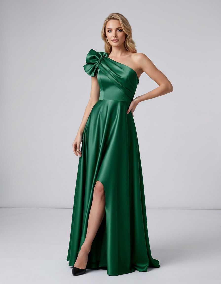 Aurevina Maxi Dress by Lauven — satin one shoulder A-line maxi dress with ruffle detail