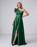 Aurevina Maxi Dress by Lauven — satin one shoulder A-line maxi dress with ruffle detail