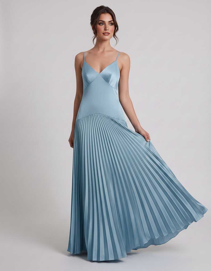 Veloura Maxi Dress by Lauven — satin spaghetti strap V-neck A-line maxi dress