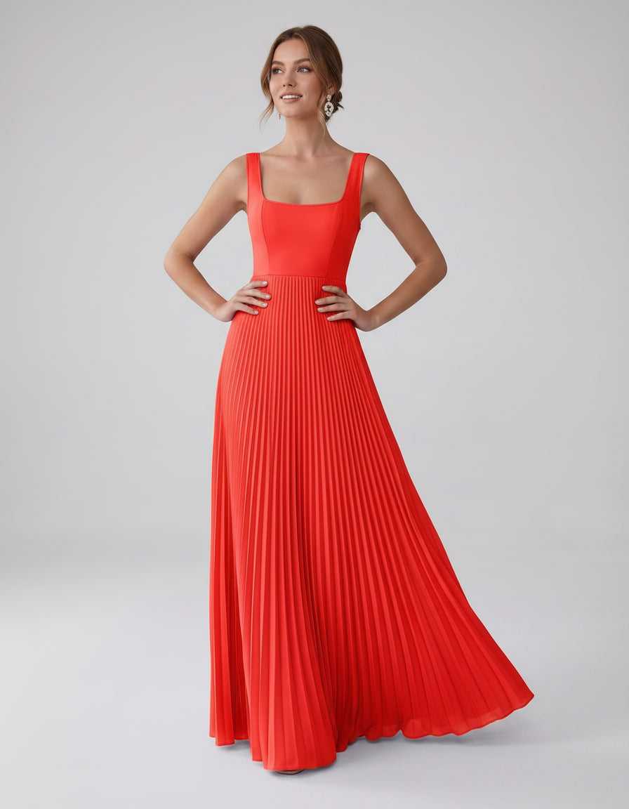 Veloura Maxi Dress by Lauven — satin chiffon sleeveless square neck pleated A-line maxi dress