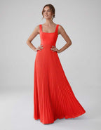 Veloura Maxi Dress by Lauven — satin chiffon sleeveless square neck pleated A-line maxi dress