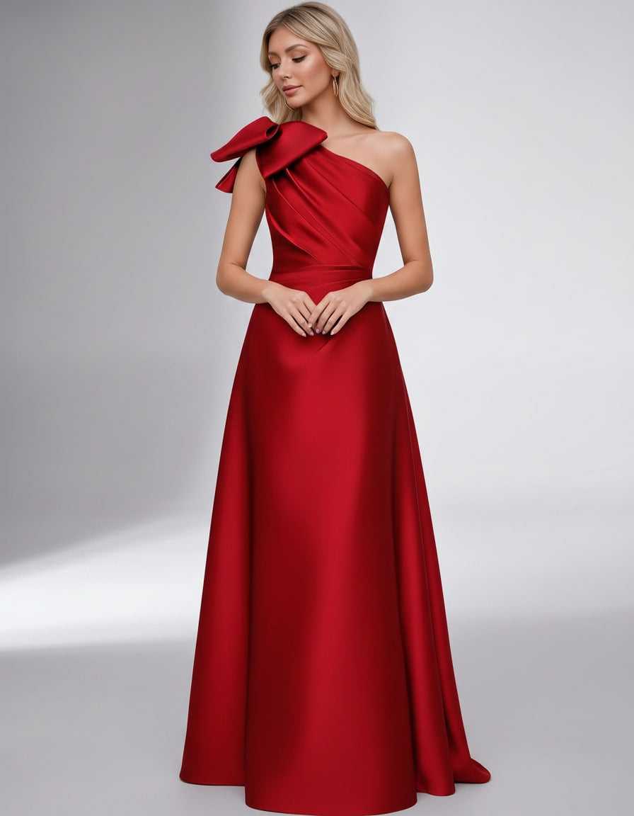 Celestia Maxi Dress by Lauven — satin one shoulder A-line maxi dress with bow