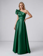 Aurevina Maxi Dress by Lauven — satin one shoulder A-line maxi dress with ruffle detail