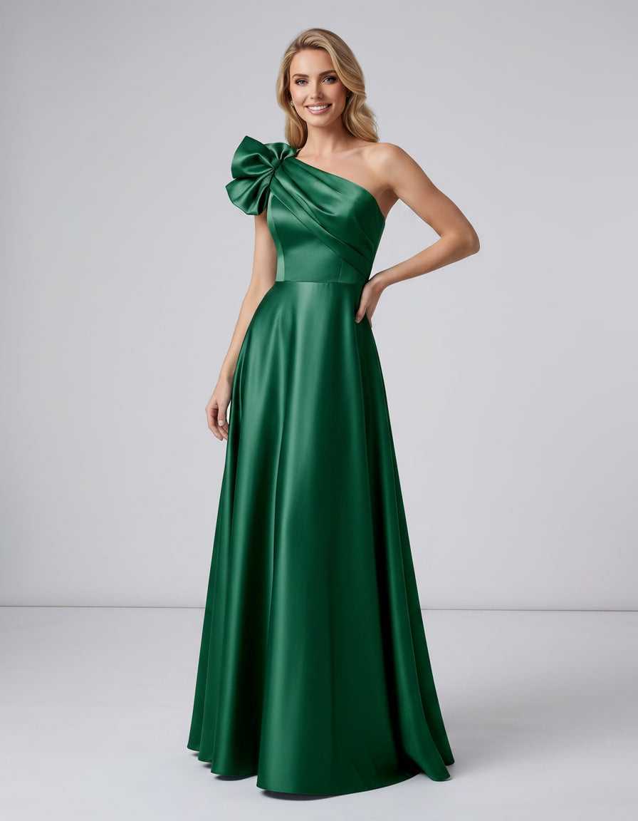 Aurevina Maxi Dress by Lauven — satin one shoulder A-line maxi dress with ruffle detail