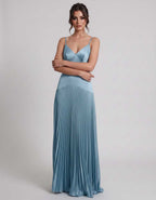 Veloura Maxi Dress by Lauven — satin spaghetti strap V-neck A-line maxi dress