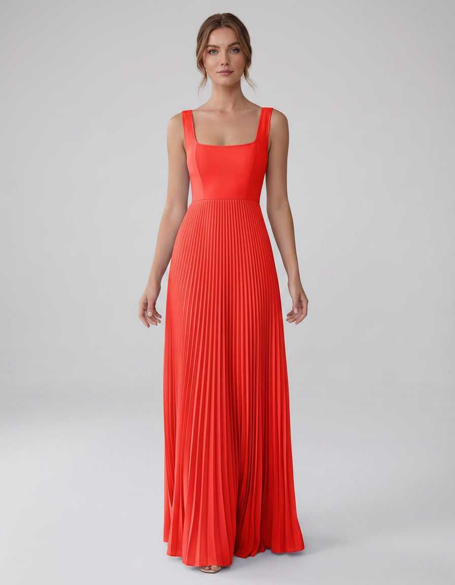 Veloura Maxi Dress by Lauven — satin chiffon sleeveless square neck pleated A-line maxi dress