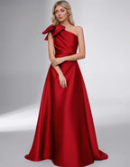 Celestia Maxi Dress by Lauven — satin one shoulder A-line maxi dress with bow