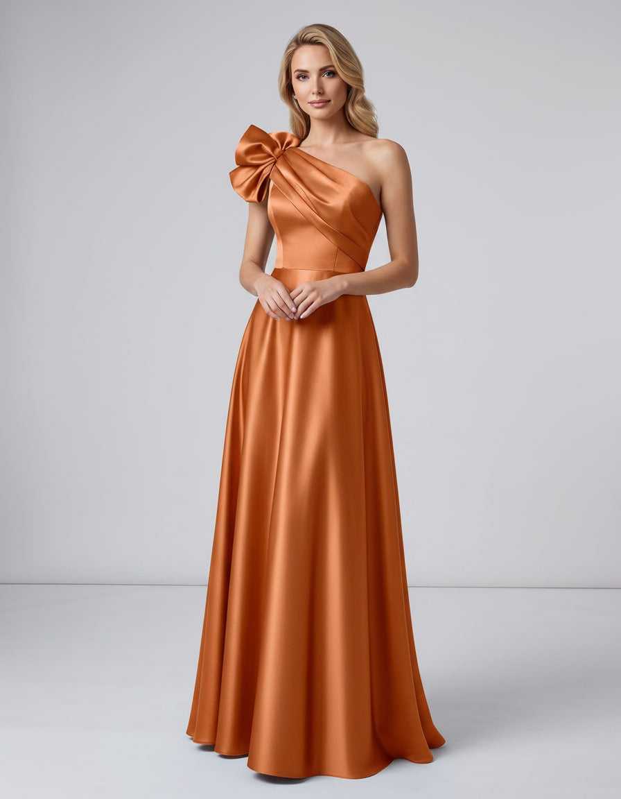 Aurevina Maxi Dress by Lauven — satin one shoulder A-line maxi dress with ruffle detail