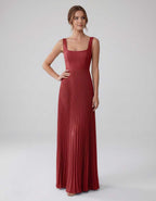 Veloura Maxi Dress by Lauven — satin chiffon sleeveless square neck pleated A-line maxi dress