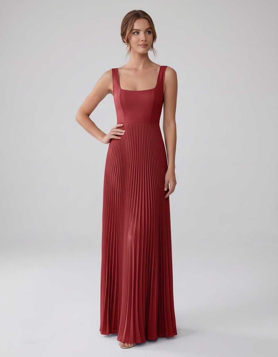 Veloura Maxi Dress by Lauven — satin chiffon sleeveless square neck pleated A-line maxi dress
