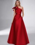 Celestia Maxi Dress by Lauven — satin one shoulder A-line maxi dress with bow