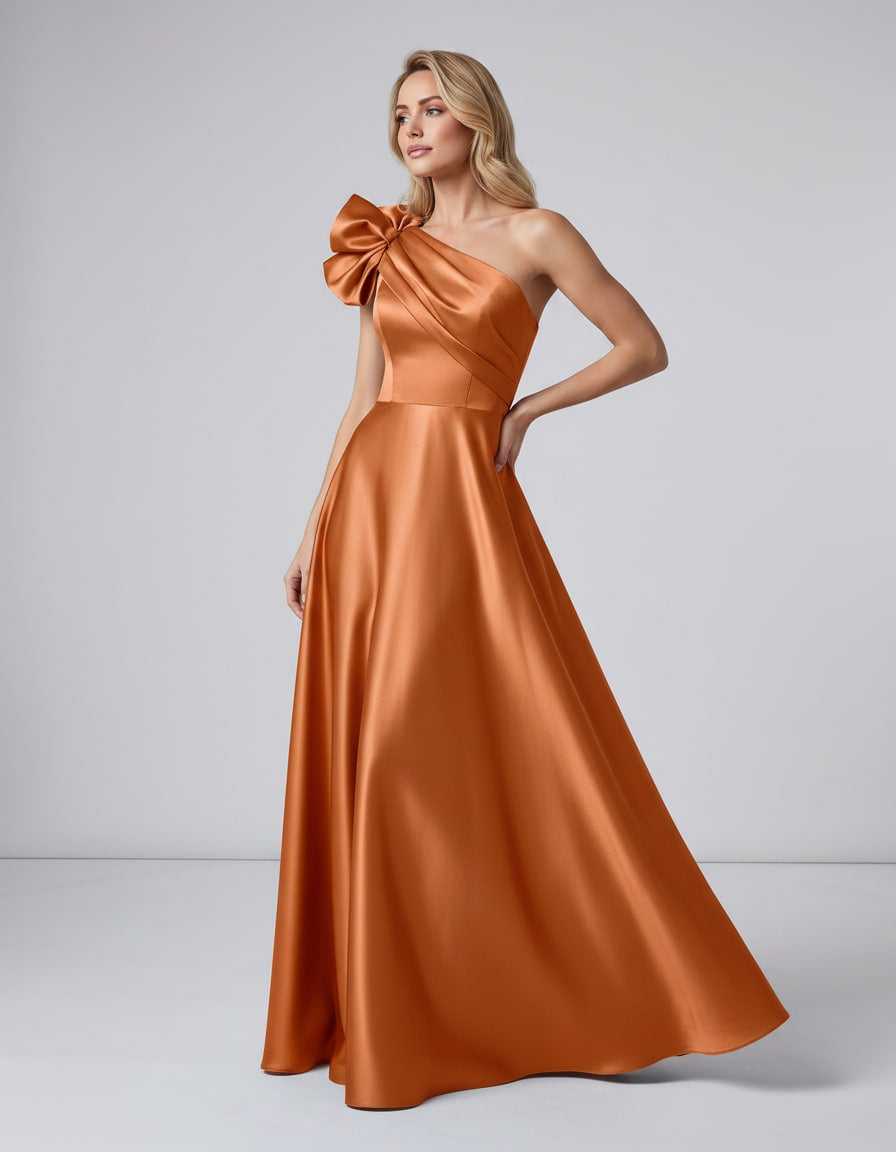 Aurevina Maxi Dress by Lauven — satin one shoulder A-line maxi dress with ruffle detail