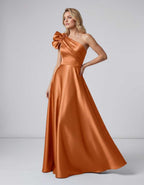 Aurevina Maxi Dress by Lauven — satin one shoulder A-line maxi dress with ruffle detail