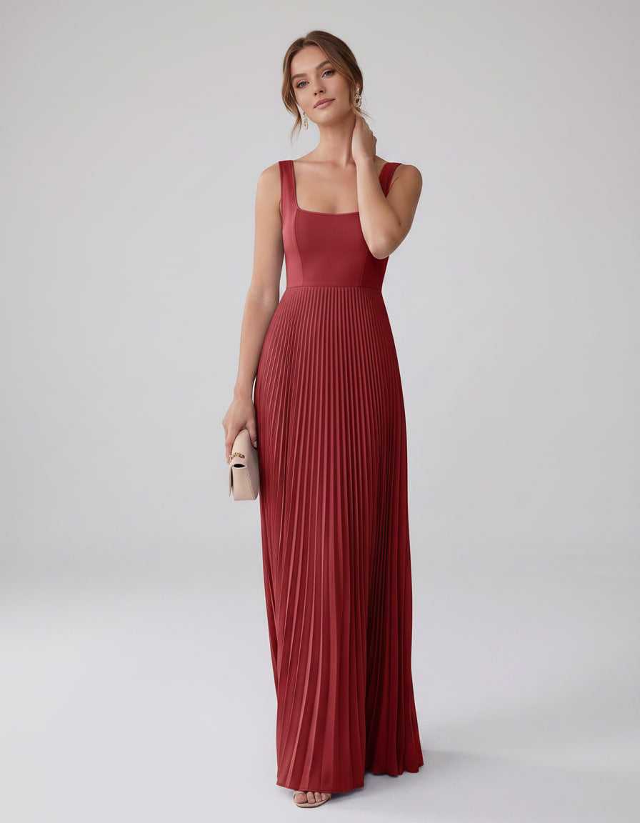 Veloura Maxi Dress by Lauven — satin chiffon sleeveless square neck pleated A-line maxi dress