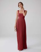 Veloura Maxi Dress by Lauven — satin chiffon sleeveless square neck pleated A-line maxi dress