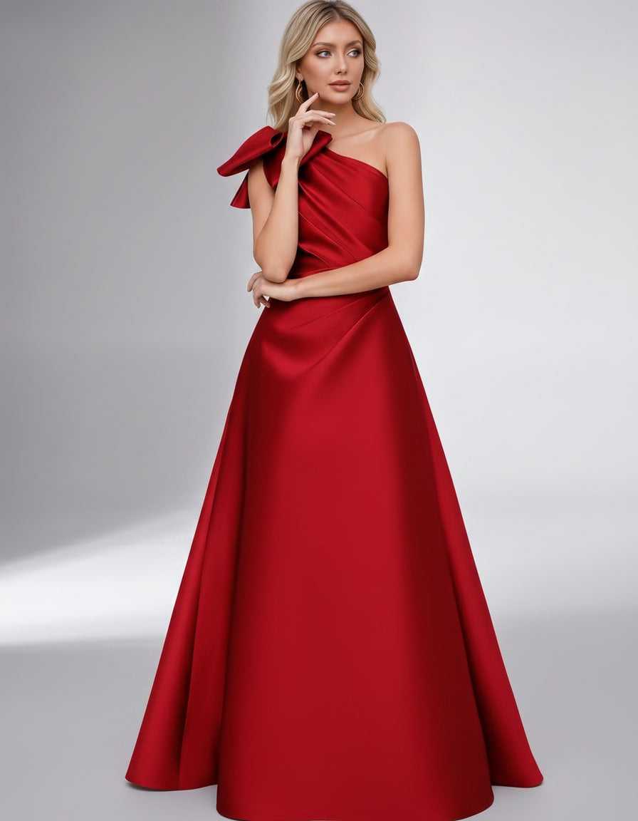 Celestia Maxi Dress by Lauven — satin one shoulder A-line maxi dress with bow