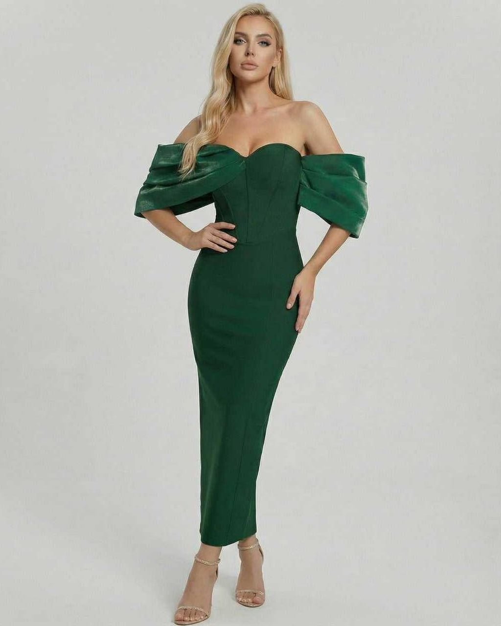 Verona Midi Dress by Lauven – Elegant green off the shoulder midi dress for evening and cocktail events.
