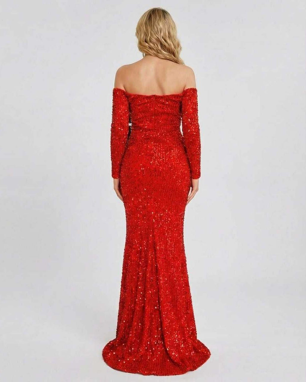 Celeste Maxi Dress by Lauven, stunning red sequin evening gown with an elegant off-shoulder design and fitted silhouette.