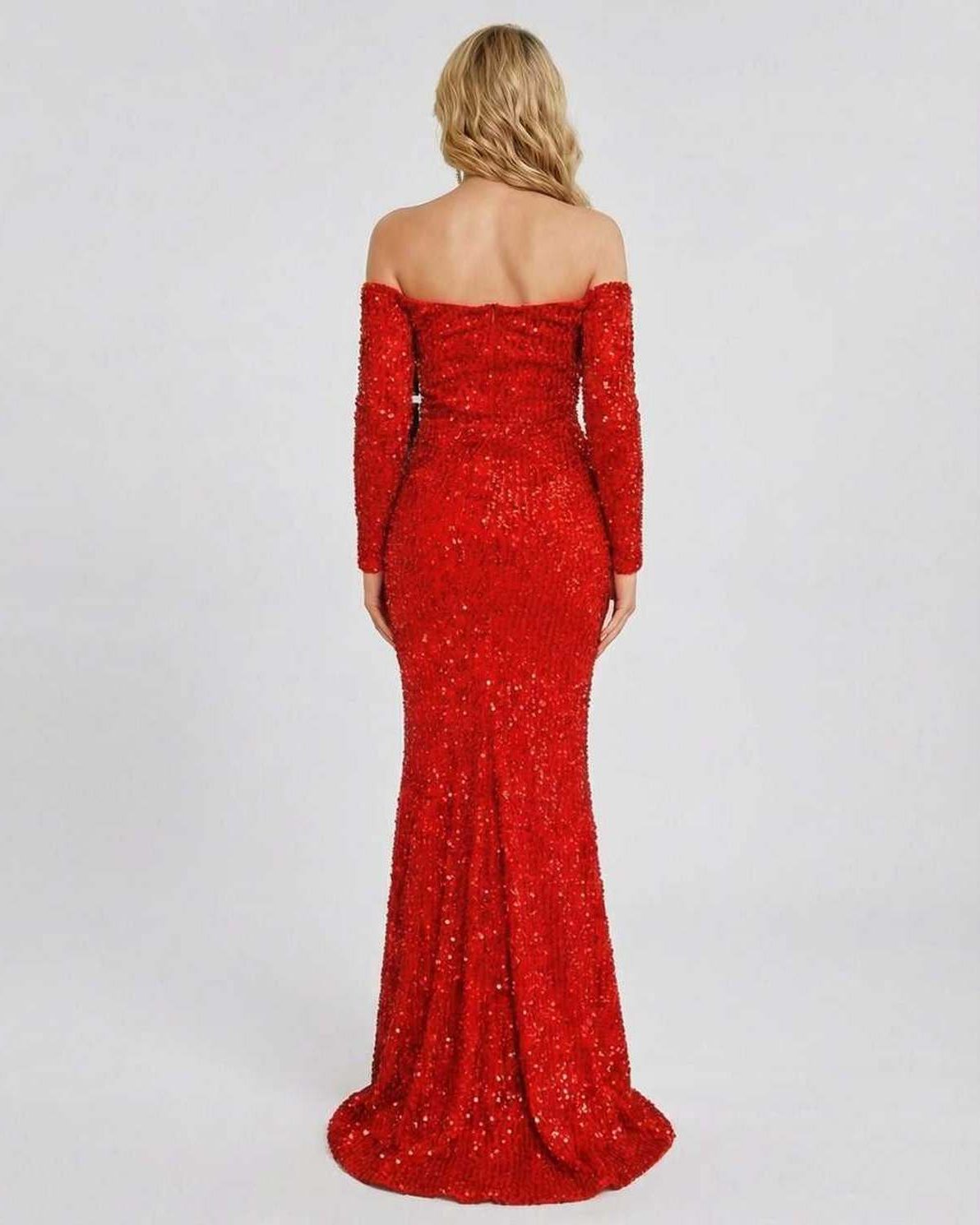 Celeste Maxi Dress by Lauven, stunning red sequin evening gown with an elegant off-shoulder design and fitted silhouette.