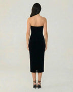Celeste Midi Dress by Lauven - Elegant strapless black velvet dress showing back view with flattering fit.