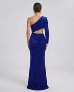 Celeste Maxi Dress by Lauven, Luxurious blue velvet sequin gown showcasing a sleek silhouette perfect for evening events.