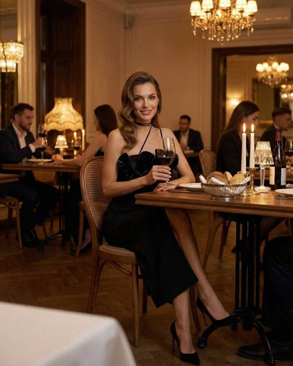 Elegant woman in Celeste Midi Dress enjoying wine at a luxurious restaurant setting, showcasing sophisticated evening style.