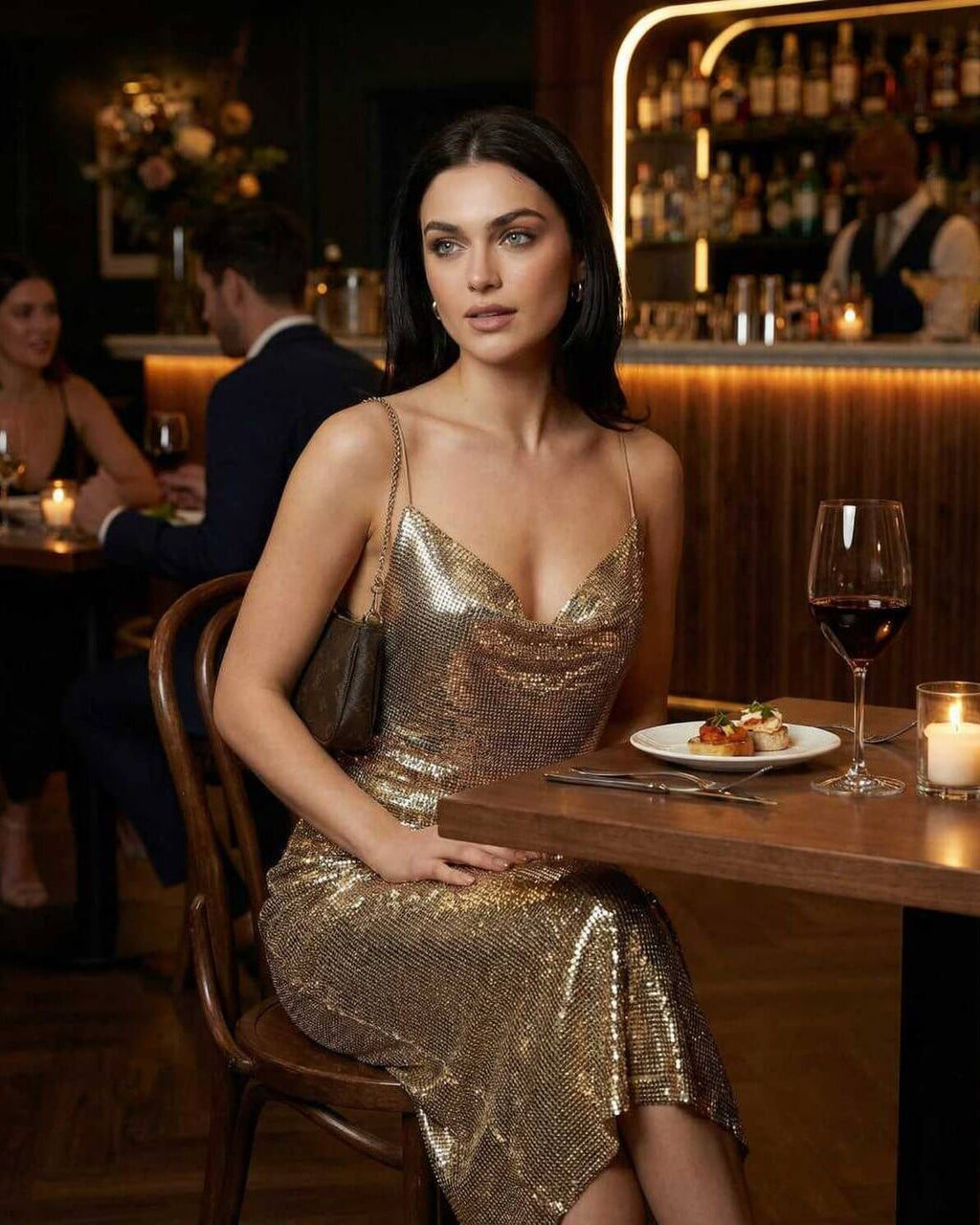 Celeste Midi Dress by Lauven, elegant gold sheath with a slim fit, V-neck design, worn in a luxurious dining setting.