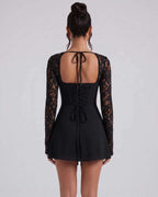 Noiré Mini Dress by Lauven — stretch long sleeve square neck fitted mini dress with lace sleeves