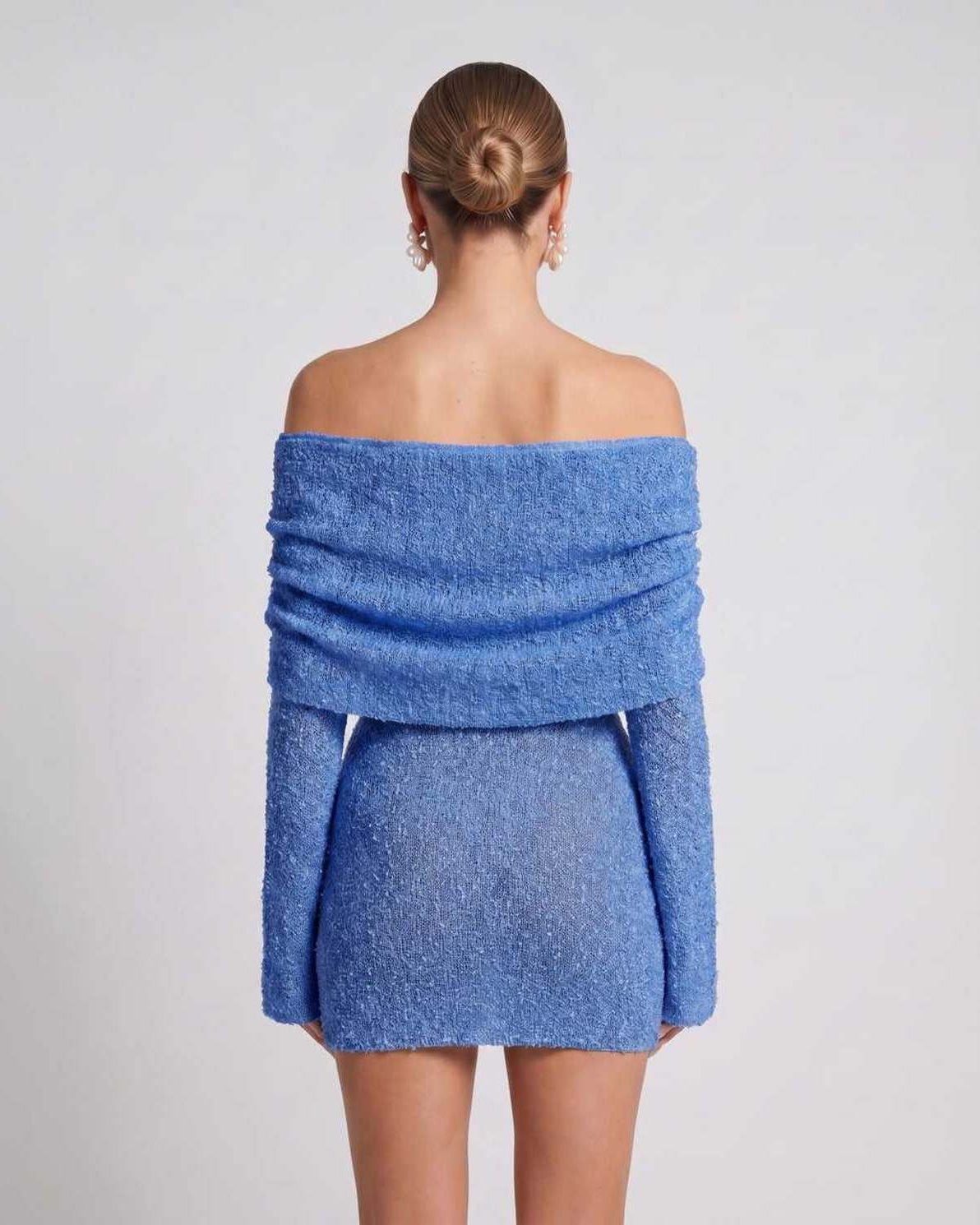 Elara Mini Dress by Lauven — textured knit long bell sleeve off-shoulder fitted mini dress