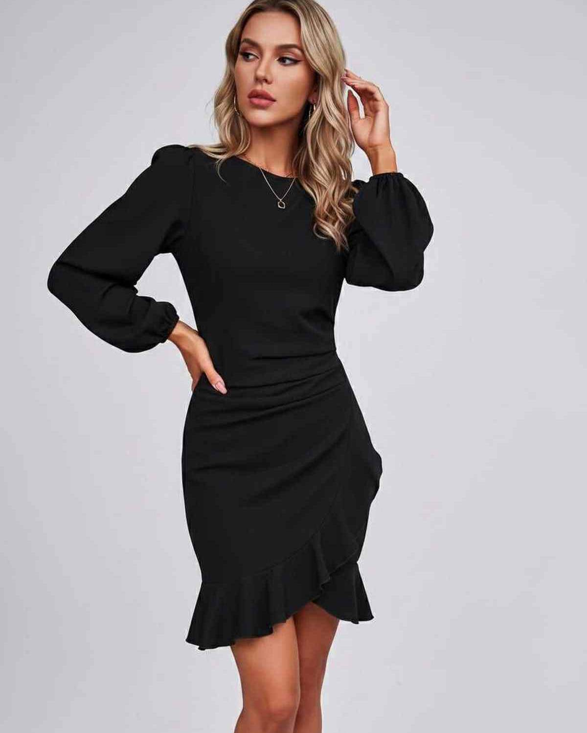 Virelle Mini Dress by Lauven — long sleeve round neck fitted mini dress with ruffle hem