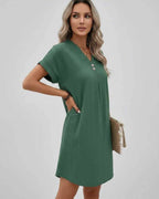 Lunelle Mini Dress by Lauven — textured short sleeve V-neck relaxed mini dress
