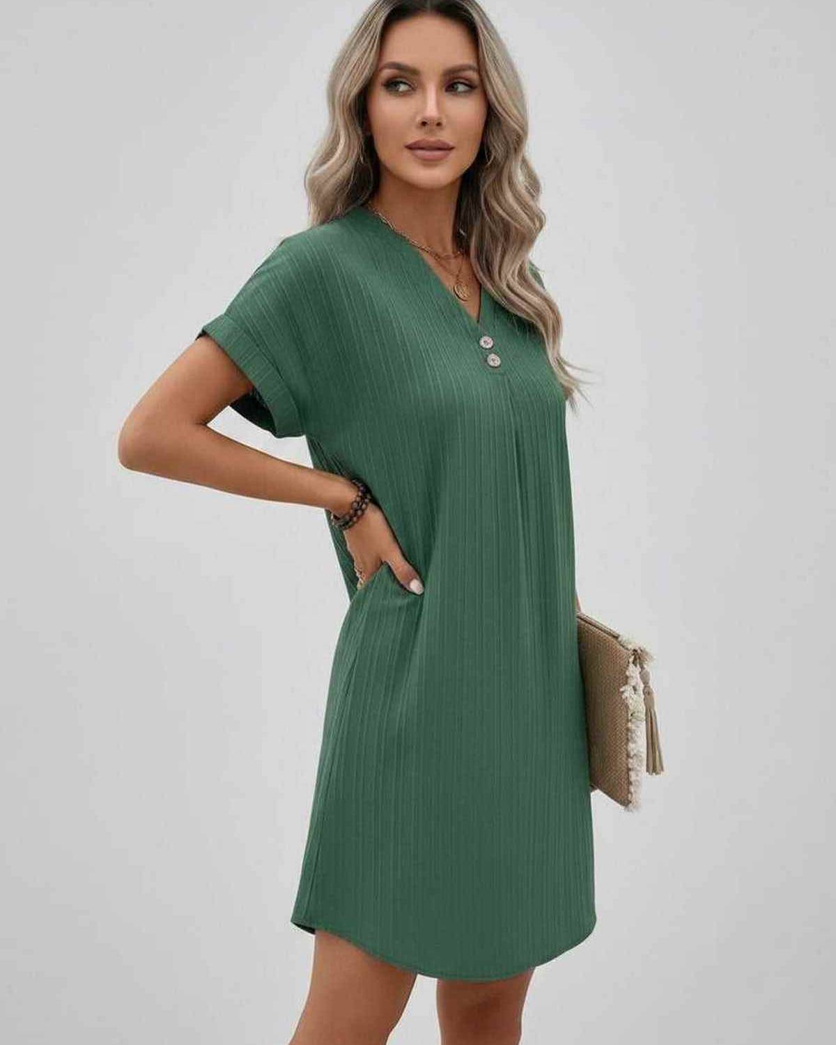 Lunelle Mini Dress by Lauven — textured short sleeve V-neck relaxed mini dress