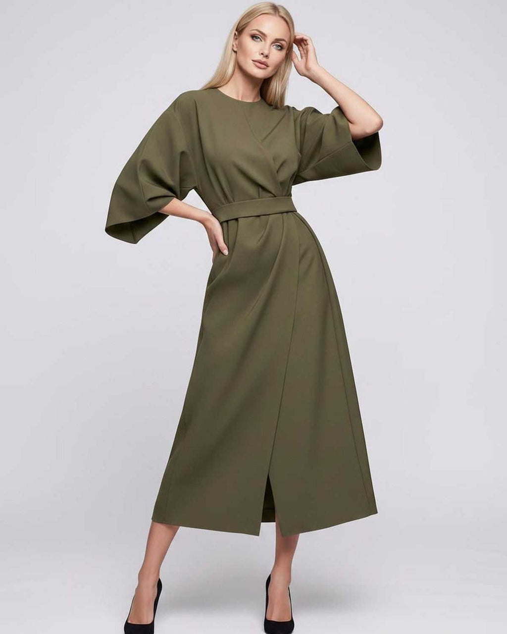 Celest Midi Dress by Lauven — breathable fabric lantern sleeve crew neck belted wrap midi dress