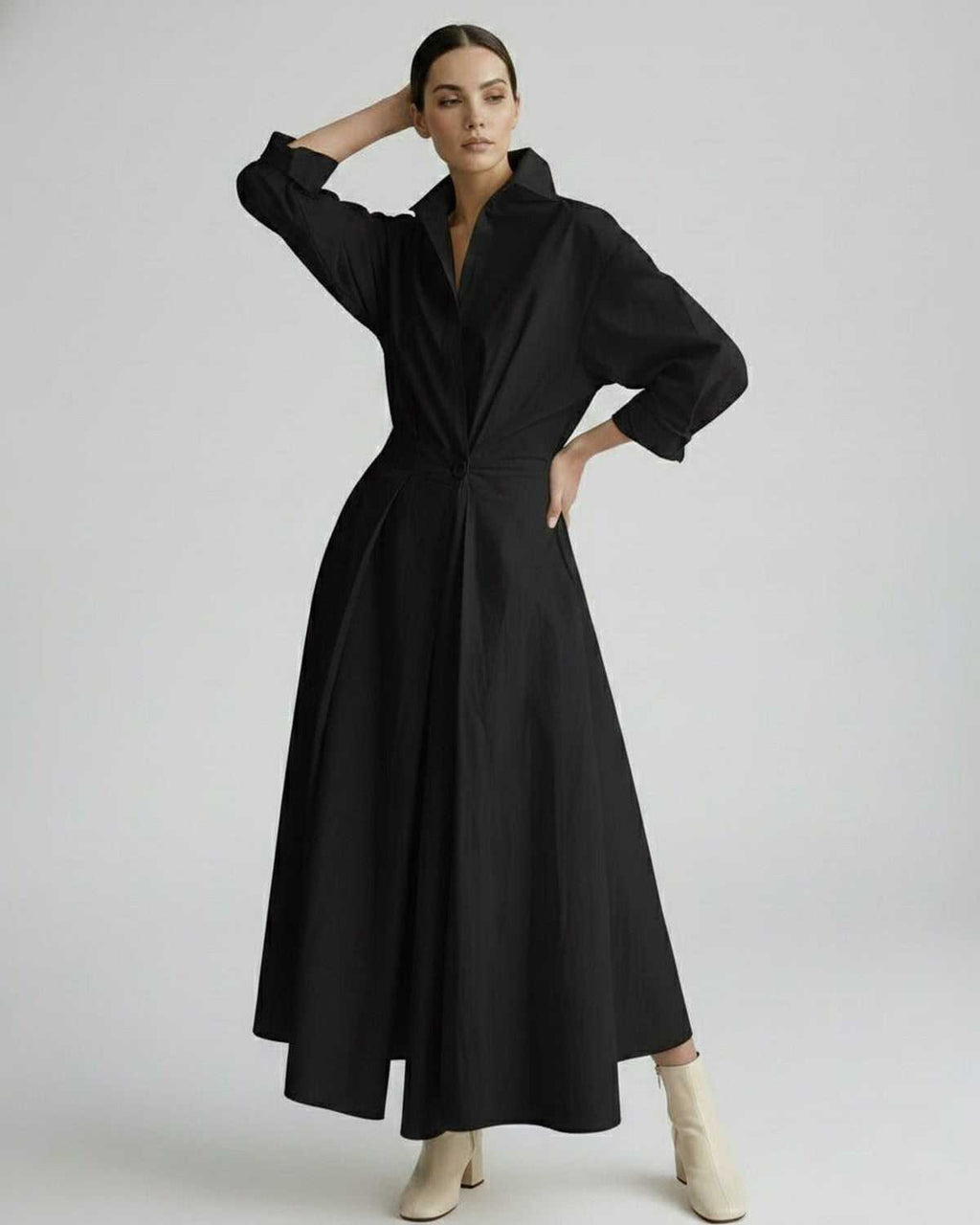Aurelia Midi Dress by Lauven — breathable fabric long sleeve stand collar belted A-line midi dress