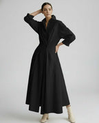Aurelia Midi Dress by Lauven — breathable fabric long sleeve stand collar belted A-line midi dress