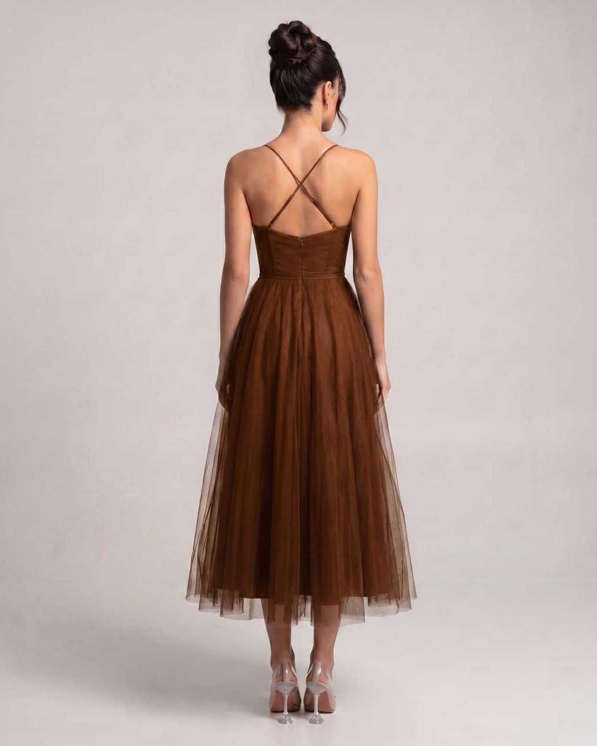 Elara Midi Dress by Lauven — tulle sleeveless sweetheart neck structured bodice midi dress