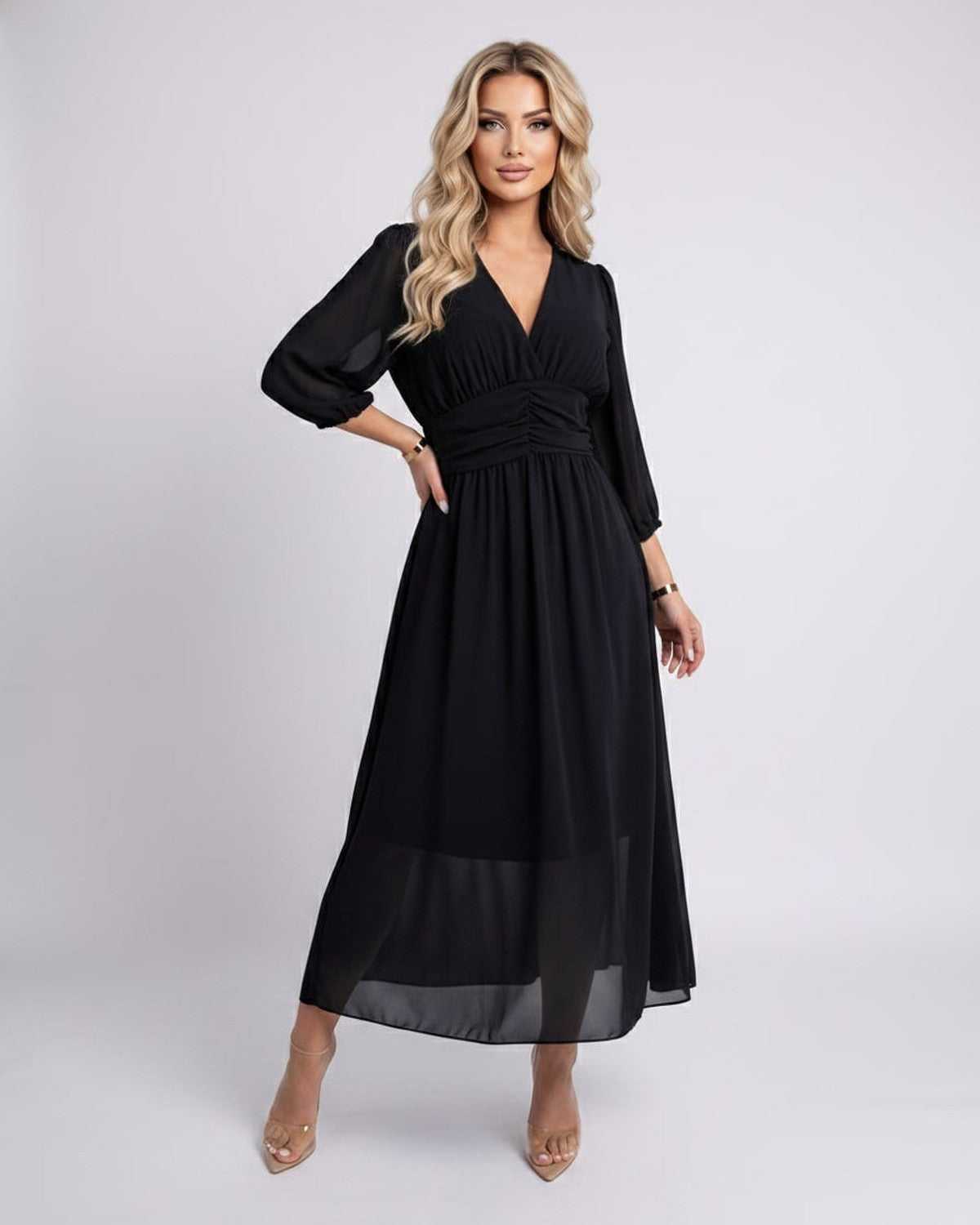 Veloura Midi Dress by Lauven — lightweight chiffon three quarter sleeve v neck A-line midi dress
