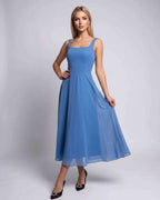 Lunara Midi Dress by Lauven — lightweight chiffon sleeveless square neck A-line midi dress