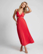 Lunara Midi Dress by Lauven — satin sleeveless V-neck flowing pleated midi dress