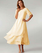 Aurelia Midi Dress by Lauven — lightweight short sleeve round neck layered midi dress