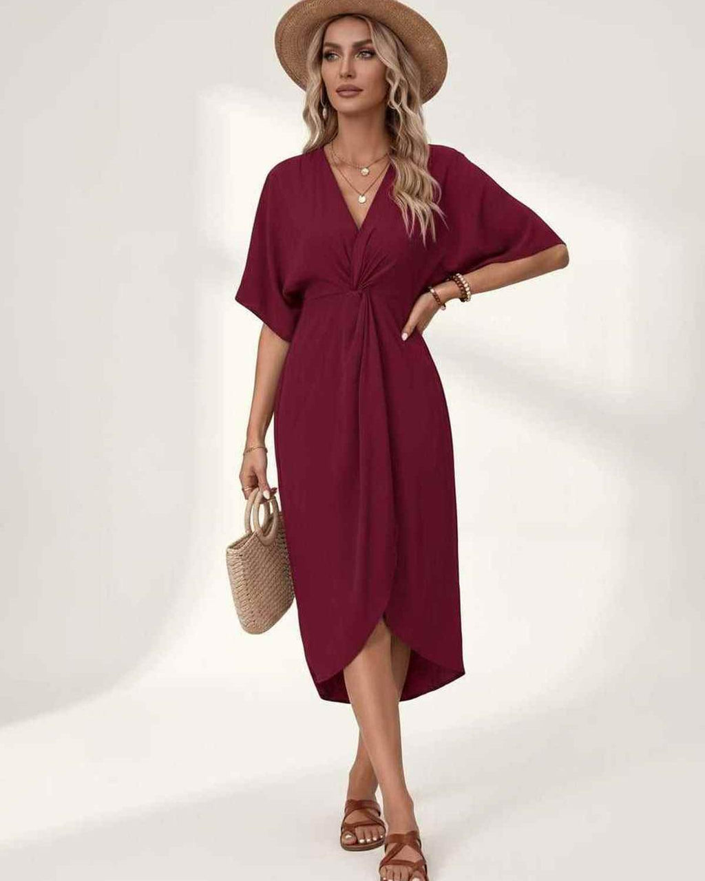 Elara Midi Dress by Lauven — premium short sleeve V-neck wrap style midi dress