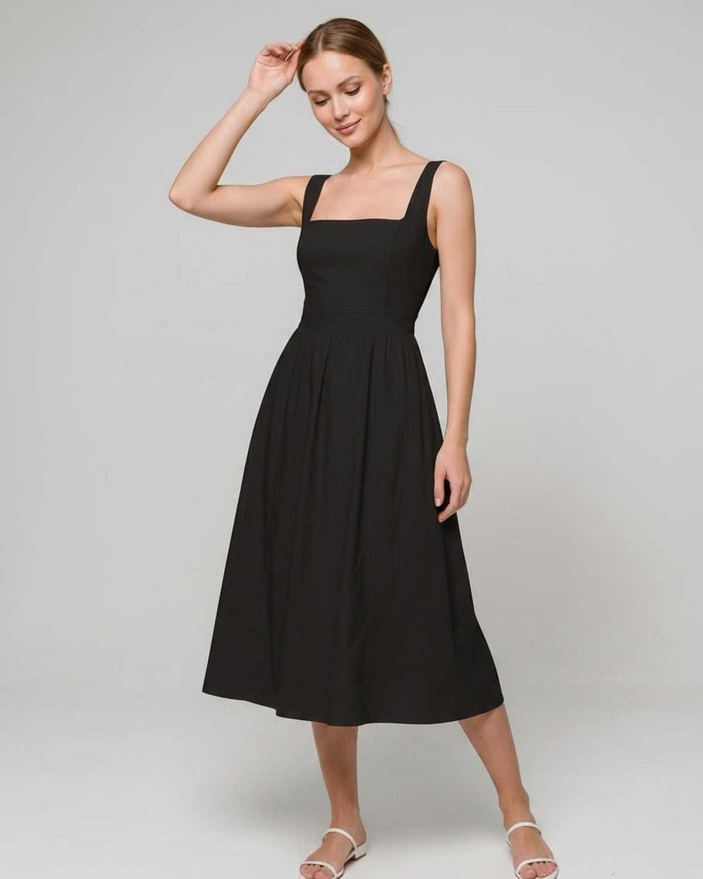 Aveline Midi Dress by Lauven — lightweight sleeveless square neck fit and flare midi dress